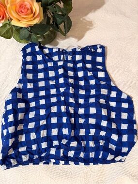 SFERRA Blue and White Gingham Crop Tank